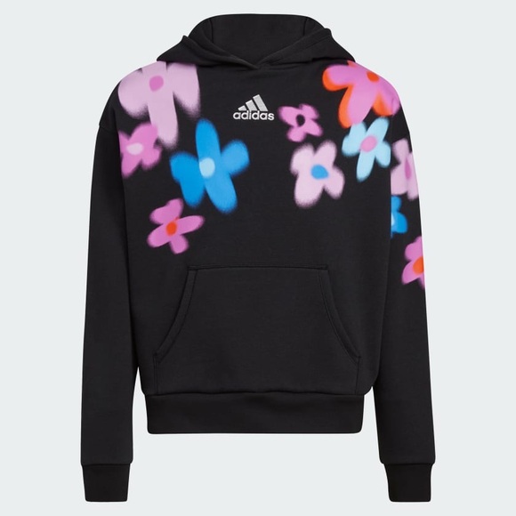 NWT Girl’s Size 14 Adidas Aura Flower Print Pullover Hoodie In Black/Multicolors - Picture 1 of 12